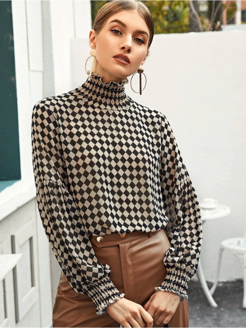 SHEIN Black & Cream Check Diamond-Print Mock Ruffle Neck Blouse